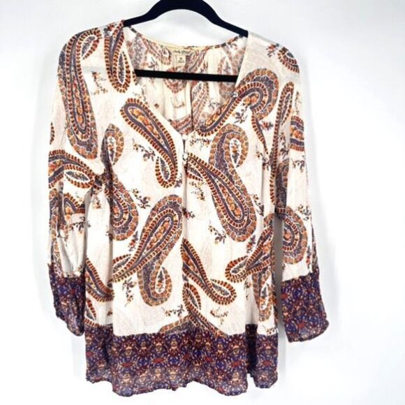 Lucky Brand Women's Paisley Print Long Sleeve Blouse Top Mixed Media Medium Boho - Picture 1 of 12